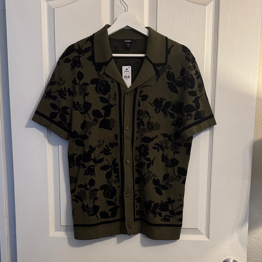 Express Olive and Black Floral Knit Shirt